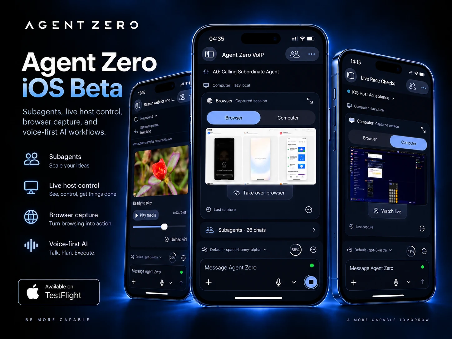 Agent Zero iOS Beta: native conversations, subagents, browser capture, live host control, and voice workflows