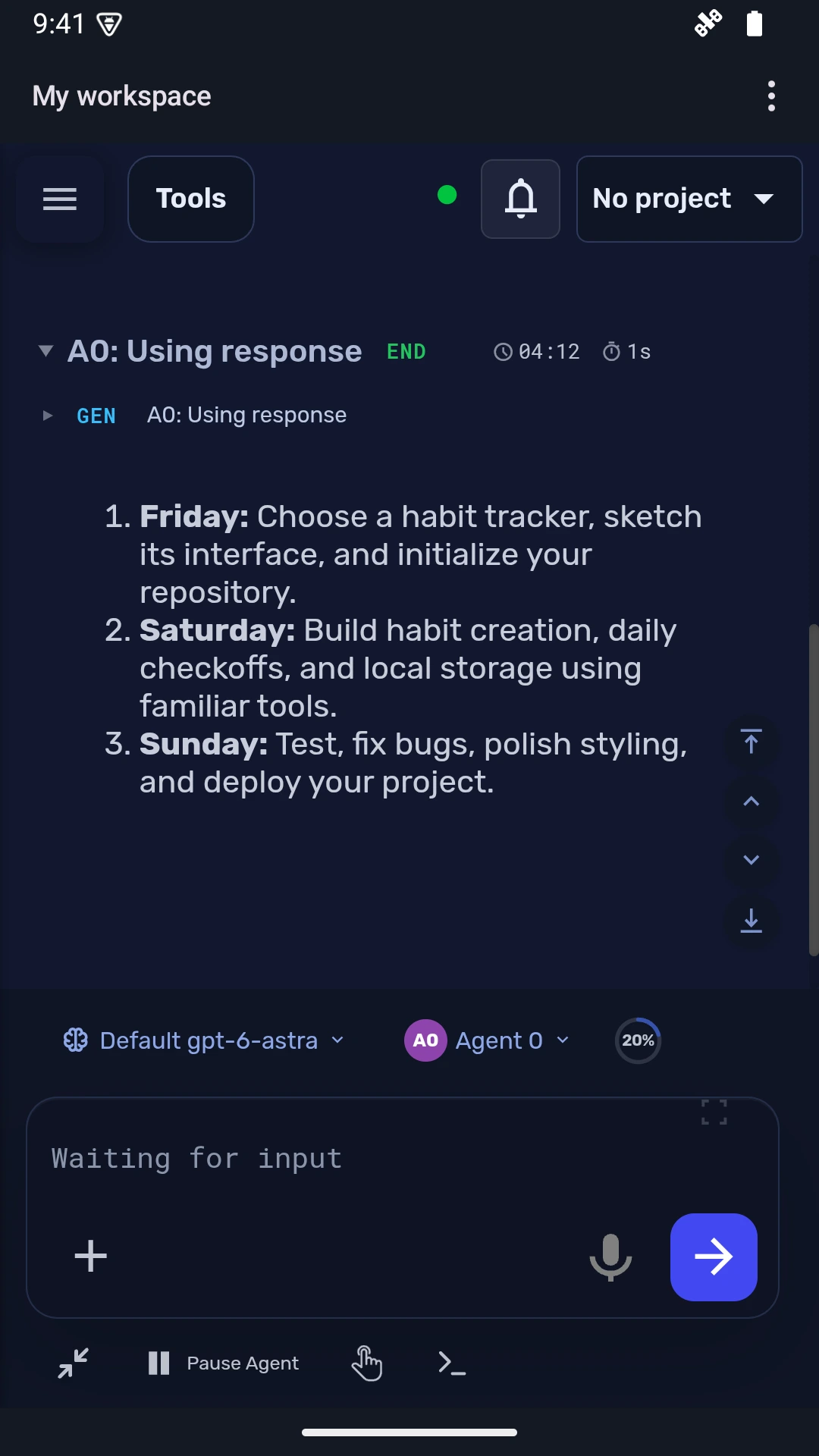 Agent Zero on Android showing a conversation and its full message composer
